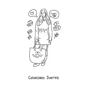 Desenho para colorir de uma menina fazendo compras com sua sacola