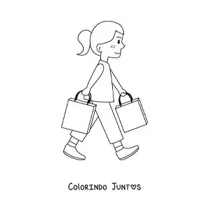 Desenho para colorir de uma menina caminhando com duas sacolas de compras