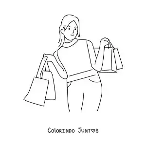 Desenho para colorir de uma menina com muitas sacolas de compras