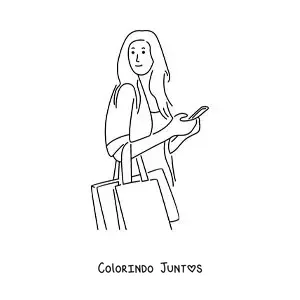 Desenho para colorir de uma menina fazendo compras com sacolas e o telefone na mão