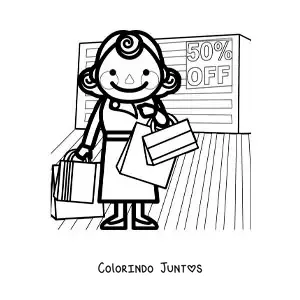 Desenho para colorir de uma mulher fazendo compras em uma loja com promoções pela metade do preço