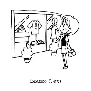 Desenho para colorir de uma mulher fazendo compras olhando a vitrine de uma loja de roupas