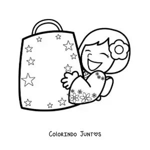 Desenho para colorir de uma menina japonesa feliz com sua sacola de compras