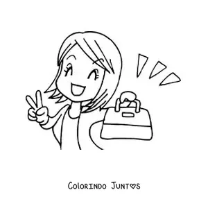 Desenho para colorir de um desenho de uma mulher feliz por comprar uma bolsa nova