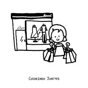 Desenho para colorir de uma mulher fazendo compras em frente a uma loja de roupas com sacolas