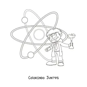 Desenho para colorir de Albert Einstein animado ao lado de um átomo