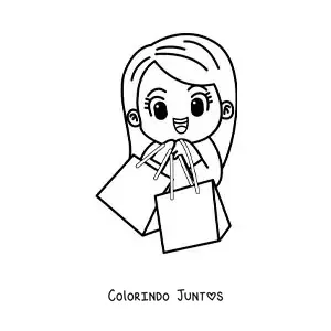 Desenho para colorir de uma menina kawaii fazendo compras