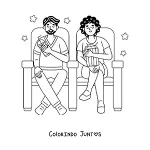 Desenho para colorir de uma menina e um menino com pipoca no cinema