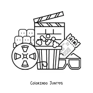 Desenho para colorir de pipoca, óculos, um ingresso e outros itens de cinema