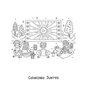 Desenho para colorir de crianças assistindo a uma projeção ao ar livre