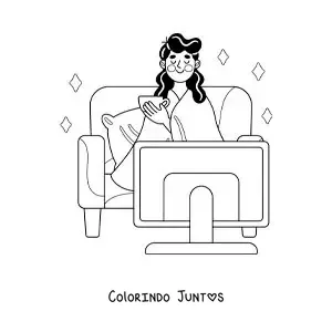 Desenho para colorir de uma menina com uma manta assistindo filmes em casa