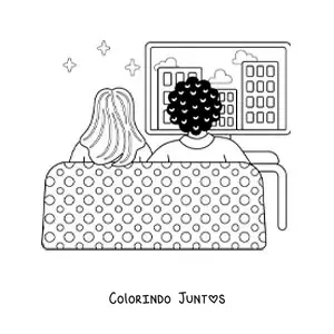 Desenho para colorir de um casal assistindo filmes em casa