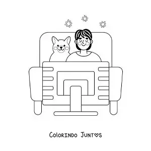Desenho para colorir de um menino e seu cachorro assistindo filmes em casa