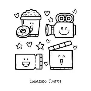 Desenho para colorir de projetor, câmera, pipoca e outros elementos de cinema animados