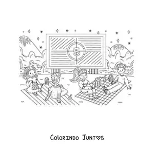 Desenho para colorir de casais jovens assistindo a um filme ao ar livre em um parque