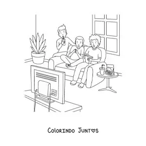 Desenho para colorir de três crianças assistindo a um filme de terror em casa