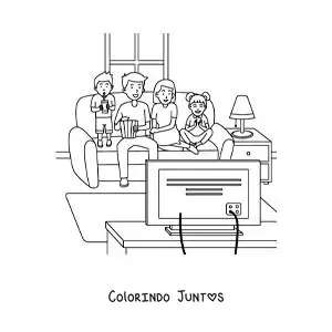 Desenho para colorir de uma família com crianças assistindo a um filme em casa
