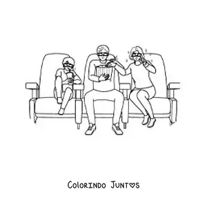 Desenho para colorir de mamãe, papai e filho assistindo a um filme no cinema