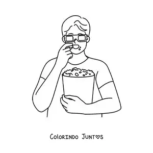 Desenho para colorir de um menino com óculos 3D comendo pipoca