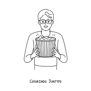 Desenho para colorir de um menino com pipoca de cinema