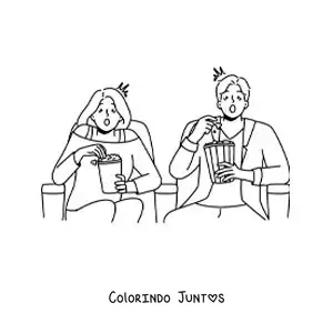Desenho para colorir de um casal assistindo a um filme de terror no cinema