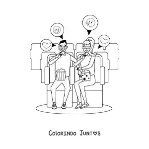 Desenho para colorir de um casal assistindo a um filme em um encontro no cinema