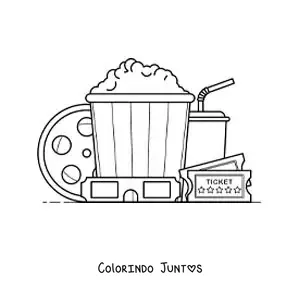 Desenho para colorir de ingressos, pipoca, rolo de filme, óculos 3D e outros elementos de cinema