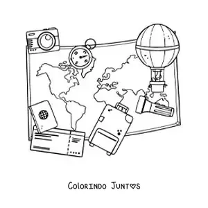 Desenho para colorir de mapa, mala, passagens e outros elementos de viagem