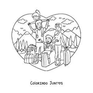 Desenho para colorir de uma família com crianças com malas de viagem na natureza