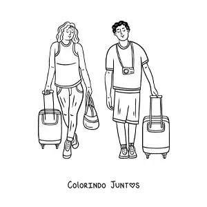 Desenho para colorir de um casal de viajantes com malas