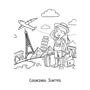 Desenho para colorir de uma menina turista com malas de viagem pelo mundo