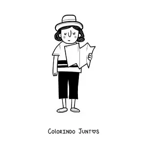 Desenho para colorir de um desenho de uma menina turista lendo um mapa