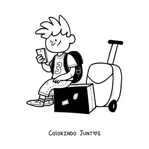 Desenho para colorir de um desenho de um menino viajante sentado em sua mala