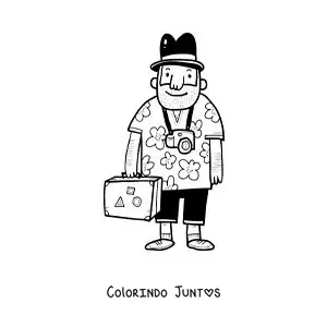 Desenho para colorir de um desenho de um turista com camisa de flores, câmera e mala
