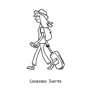 Desenho para colorir de uma menina em viagem caminhando com sua bagagem