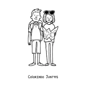 Desenho para colorir de um casal de mochileiros lendo um mapa