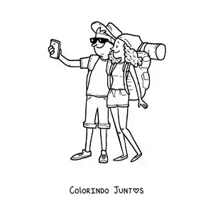 Desenho para colorir de um casal de mochileiros tirando uma selfie