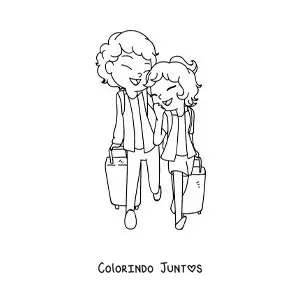 Desenho para colorir de um casal kawaii em viagem com malas