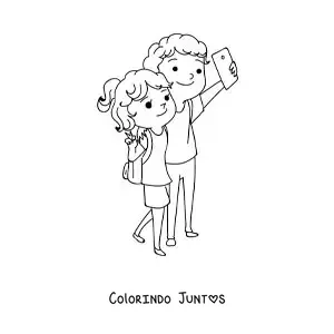Desenho para colorir de um casal kawaii de mochileiros tirando uma selfie