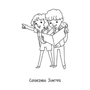 Desenho para colorir de um casal kawaii de mochileiros lendo um mapa