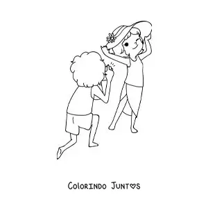Desenho para colorir de um casal kawaii de turistas tirando fotos na praia