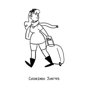 Desenho para colorir de um desenho de uma mulher em viagem com mala e um cachecol