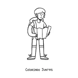 Desenho para colorir de um desenho de um mochileiro lendo um mapa