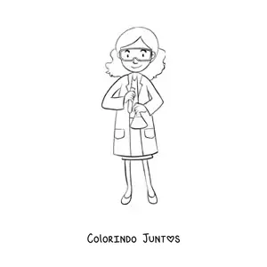 Desenho para colorir de uma mulher cientista segurando um experimento