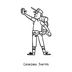 Desenho para colorir de um desenho de um mochileiro tirando uma selfie