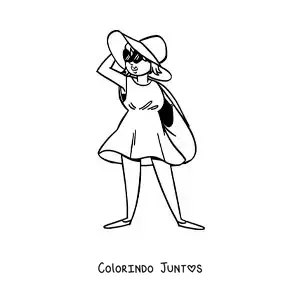Desenho para colorir de um desenho de uma garota turista na praia com óculos de sol