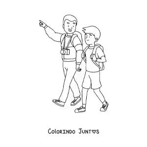 Desenho para colorir de um pai turista caminhando com o filho