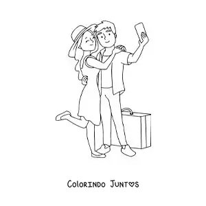 Desenho para colorir de um casal de turistas tirando uma selfie