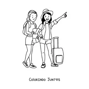 Desenho para colorir de duas garotas turistas com bagagem e um mapa