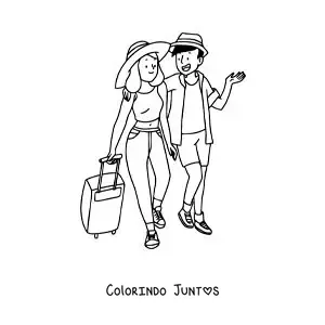 Desenho para colorir de um casal de turistas caminhando com a bagagem